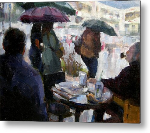 Urban Metal Print featuring the painting A Rainy Day at Starbucks by Merle Keller