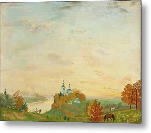 Boris Mikhailovich Kustodiev 1878-1927 Above The River Metal Print featuring the painting Above The River Autumn by MotionAge Designs