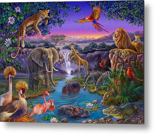 Africa Metal Print featuring the painting African Animals at the Water Hole by Anne Wertheim