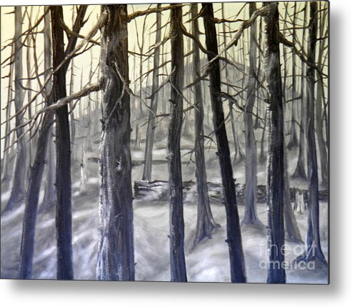 Burnt Trees Ash Yellow Grey Black Landscape Hill Sky Ground Log Light Shadow Dark Metal Print featuring the painting Aftermath 2 by Ida Eriksen