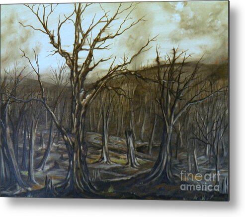 Burnt Trees Landscape Ash Grass Hope Stumps Trunks Branches Mountains Clouds Fires Smoke Light Dark Contrast Ground Black White Grey Green Brown Metal Print featuring the painting Aftermath by Ida Eriksen