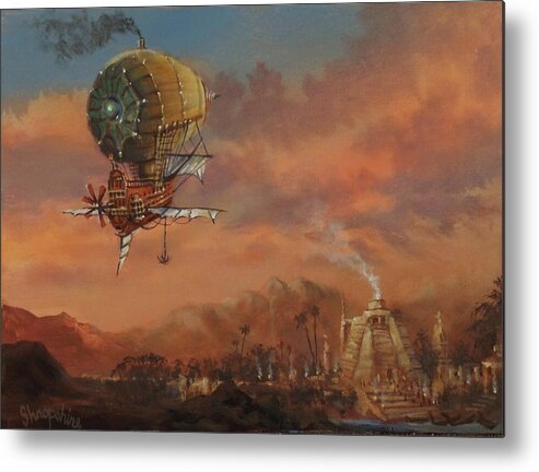 : Atlantis Metal Print featuring the painting Airship Over Atlantis Steampunk Series by Tom Shropshire