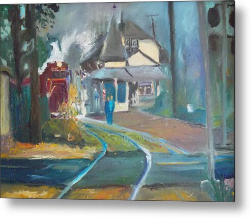 Railroad Metal Print featuring the painting All Fired Up by Susan Esbensen