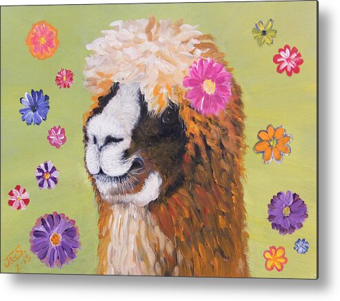 Alpaca Metal Print featuring the painting Alpaca Hippie by Janet Greer Sammons