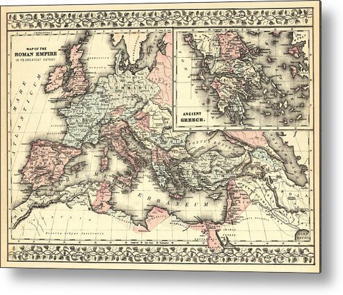Antique Map Of Roman Empire Metal Print featuring the drawing Antique Maps - Old Cartographic maps - Antique Map of the Roman Empire, 1880 by Studio Grafiikka