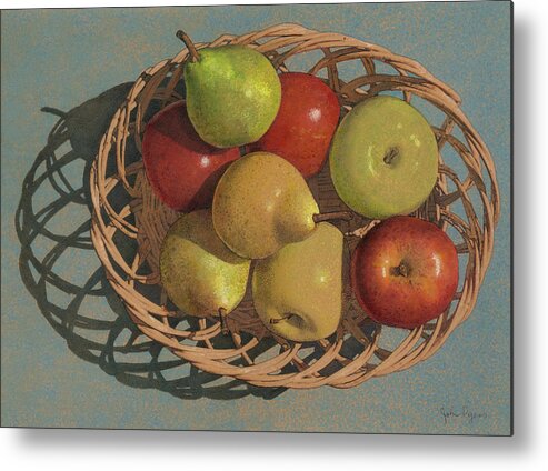 Still Life Metal Print featuring the painting Apples and Pears in a wicker basket by John Dyess