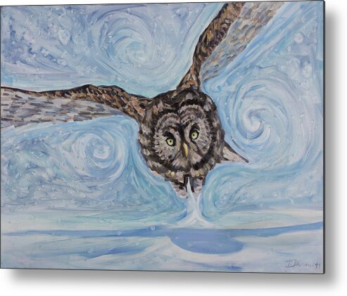 Owl Flight Bird Aerodynamic Snow Air Winter White Sky Chase Snowflake Prey Raptor Wing Metal Print featuring the painting Attack Form The Sky by Marco Busoni