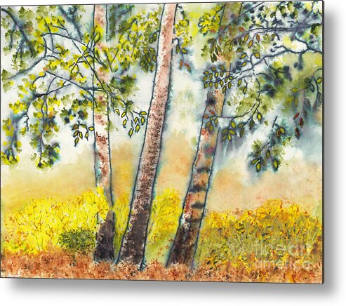 Autumn Birch Trees Metal Print featuring the mixed media Autumn Birch Trees by Conni Schaftenaar