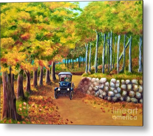 Model T's Metal Print featuring the painting Autumn Drive by Olga Silverman