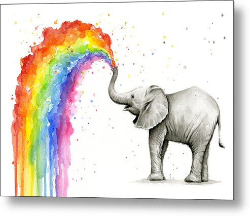 Baby Metal Print featuring the painting Baby Elephant Spraying Rainbow by Olga Shvartsur