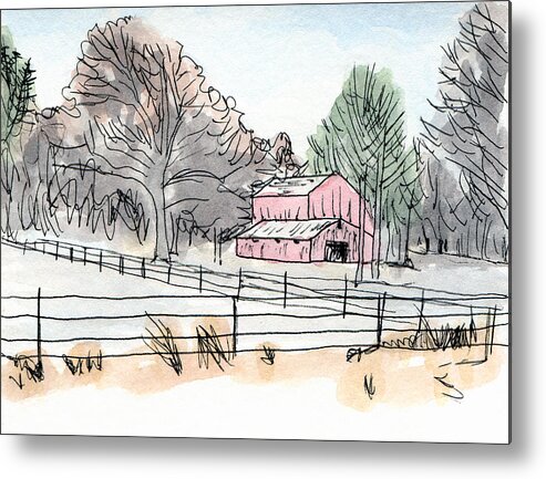 Farm Rural Old Country Nostalgia Barn America Scene Landscape Home American Scenic Rustic Red Place Life Art Time Peace Painting Nostalgic Line County Americana Outdoors Ink Hill Farmstead Countryside Woods Trees Tin Roof Shelter Shed Quiet Picturesque Orange North Metal Kyllo Idyllic Iconic Homestead Day Calm Building Artistic Weathered Visit Tree Tranquil Traditional Simple Scenery Restful Quietness Peaceful Midwest Memories Grandpa Grandma Buildings Artwork Southern Watercolor Wash Metal Print featuring the mixed media Barn in Winter Woods by R Kyllo