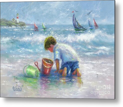 Little Beach Boy Metal Print featuring the painting Beach Boy Sand and Sailboats by Vickie Wade