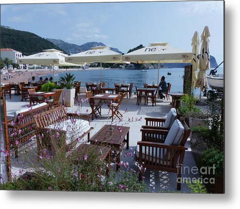 Beachside Cafe Metal Print featuring the photograph Beachside Cafe - Petrovac by Phil Banks