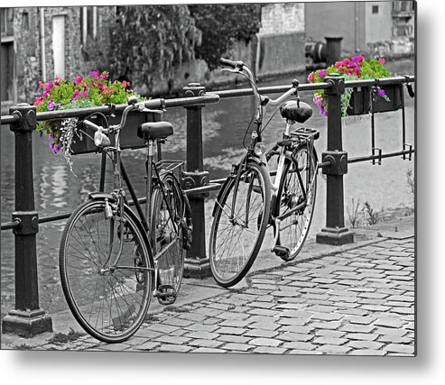 Bicycle Metal Print featuring the photograph Bicycles and flower boxes, selective color. by David Freuthal