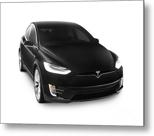 Tesla Metal Print featuring the photograph Black 2017 Tesla Model X luxury SUV electric car isolated on whi by Maxim Images Exquisite Prints