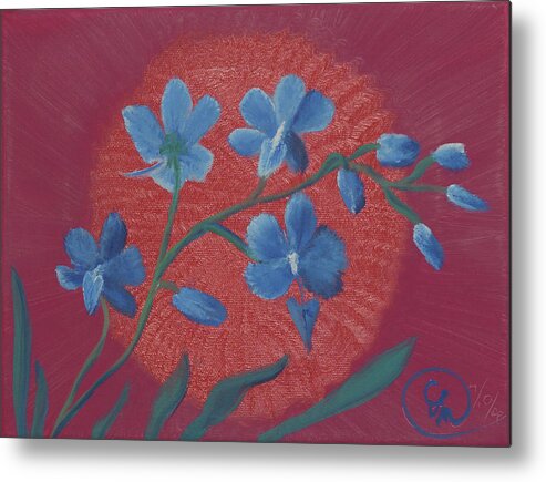 Fine Art Metal Print featuring the painting Blue Flower on Magenta by Stephen Daddona