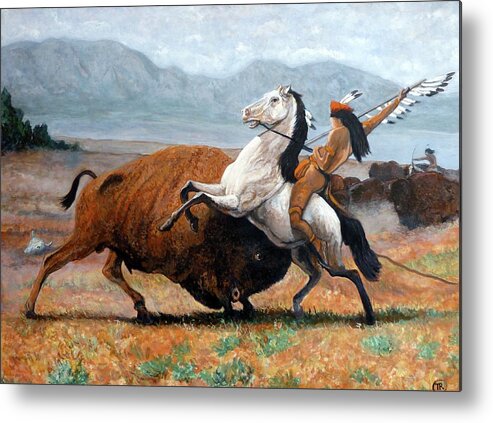 Buffalo Warrior Metal Print featuring the painting Buffalo Hunt by Tom Roderick