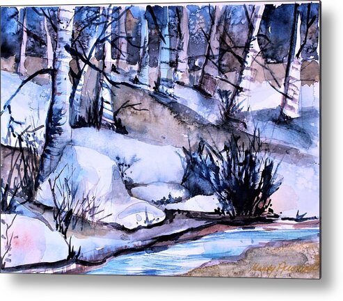 Birch Metal Print featuring the painting By a Winter Stream by Mindy Newman