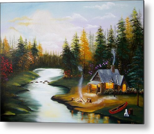 Cabin Metal Print featuring the painting Cabin by the River by Debra Campbell