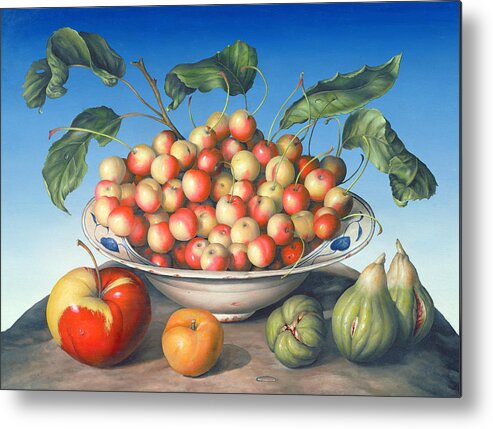 Still Life; Cherry; Fruit; Fig; Figs; Leaves; Plenty; Bountiful; Food; Abundance; Bowl; Delft Bowl; Apple; Cherries Metal Print featuring the painting Cherries in Delft bowl with red and yellow apple by Amelia Kleiser 
