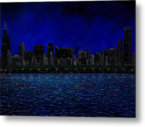 Chicago At Night Metal Print featuring the painting Chicago Skyline by Joe Michelli