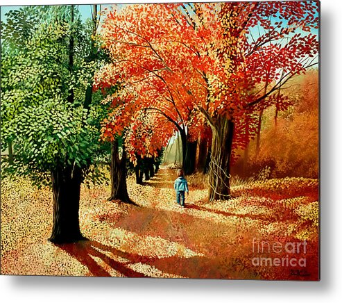 Fall Metal Print featuring the painting Child walking into the Autumn Forest by Christopher Shellhammer