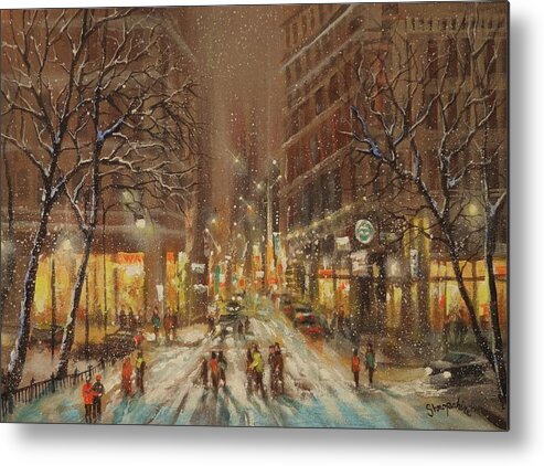  Falling Snow; City At Night; City Lights; Holiday Shoppers; Tom Shropshire Painting; Night Lights; Cityscape; Urban Landscape Metal Print featuring the painting City Snow by Tom Shropshire