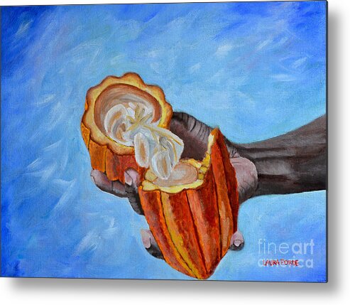 Grenada Metal Print featuring the painting Cocoa Pod In Hand v2 by Laura Forde