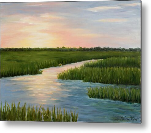 Sunset Over A Marsh Metal Print featuring the painting Colors of a Sunset by Audrey McLeod