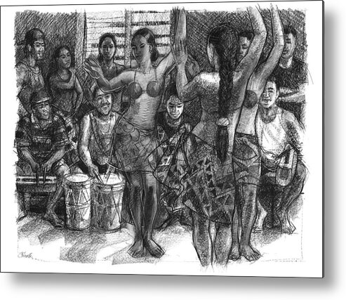 Dance Team Metal Print featuring the drawing Cook Islands Dance Team at Practice by Judith Kunzle