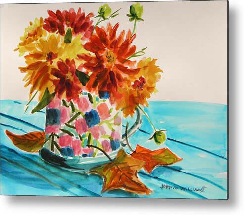 Dahlias Metal Print featuring the painting Dahlias in a Painted Cup by John Williams