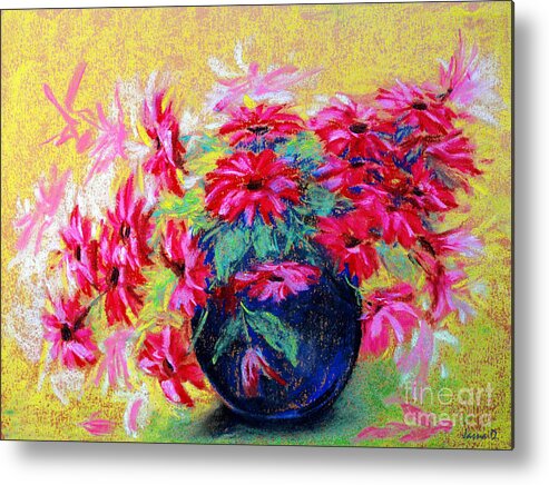 Bouquet Metal Print featuring the painting Daisies and Blue Vase by Jasna Dragun