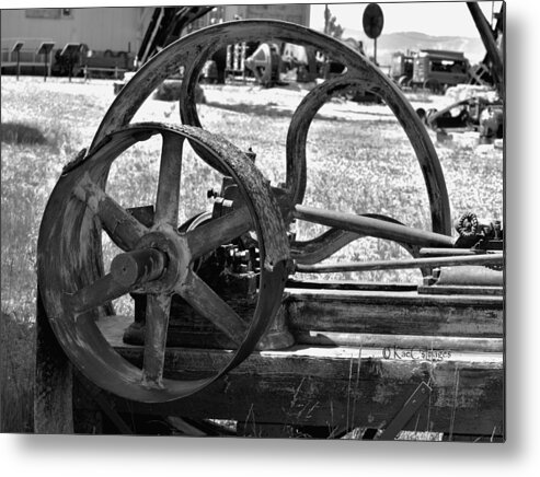 Conveyor Belt Metal Print featuring the photograph Derelict Conveyor Belt and Drive Wheel in Black and White by Kae Cheatham