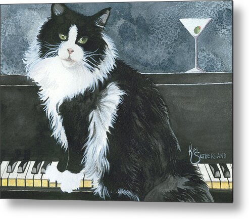 This Watercolor Of A Tuxedo Cat Tickling The Ivories Won Ebay's First Nibblefest Contest. The Theme Was Martinis And The First Thing That Popped Into My Head Was Dean Martin. Then I Came Up With A Black And White Theme And Thought This Shaggy Feline Would Fit Right In. Voila! Dino Martini! Metal Print featuring the painting Dino Martini by Kim Whitton