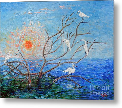 Egrets Metal Print featuring the painting Egrets at Sunrise by Doris Blessington