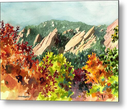 Red Leaves Art Metal Print featuring the painting Fall Flatirons by Anne Gifford
