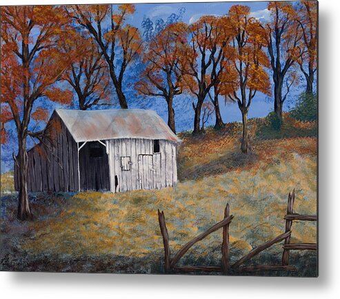 Landscapes Metal Print featuring the painting Fall Shed by Julia Ellis