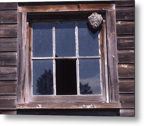 Window Metal Print featuring the photograph FArm Window with paper wasp nest by Paul Ross