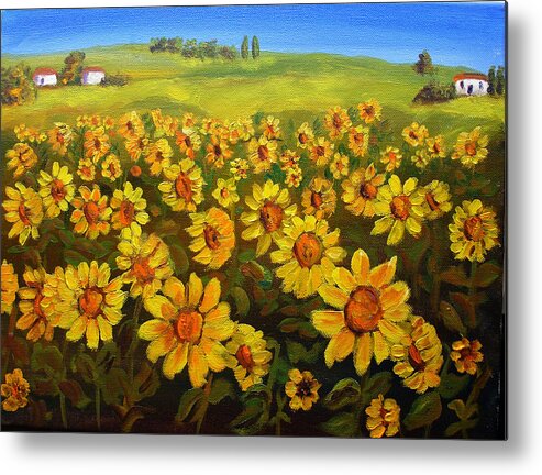 Landscape Metal Print featuring the painting Filed of Sunflowers by Mary Jo Zorad