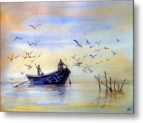 Boat Metal Print featuring the painting Fishing by Katerina Kovatcheva