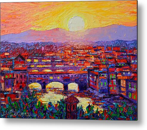 Florence Metal Print featuring the painting Florence Sunset Over Ponte Vecchio Abstract Impressionist Knife Oil Painting By Ana Maria Edulescu by Ana Maria Edulescu