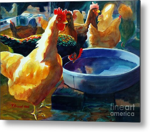 Paintings Metal Print featuring the painting Four Clucks by Kathy Braud