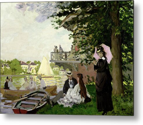 Holland; Summer; River; Impressionist; Leisure; Parasol; Male; Female; Promenade; Rowing Boat; Dutch; Bank; Summer Metal Print featuring the painting Garden House on the Zaan at Zaandam by Claude Monet