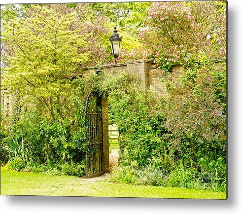 Garden Wall Metal Print featuring the photograph Garden Wall With Iron Gate And Lantern. by Elena Perelman