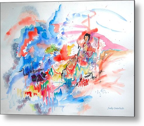 Geisha Metal Print featuring the mixed media Geisha on Mountain Top by Judy Swerlick