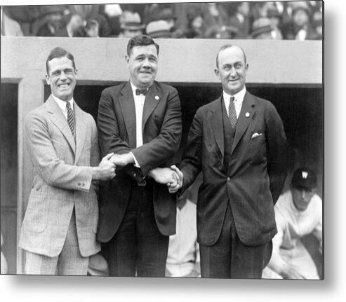 ty Cobb Metal Print featuring the photograph George Sisler - Babe Ruth and Ty Cobb - Baseball Legends by International Images