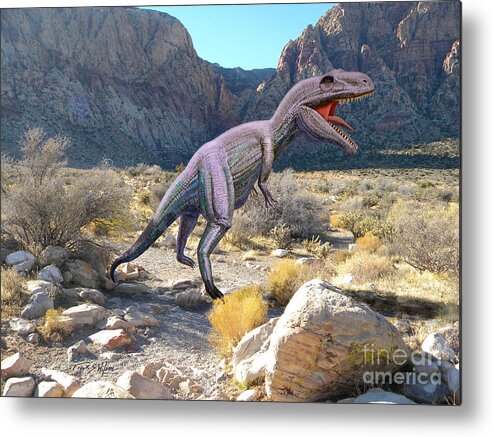 Dinosaur Art Metal Print featuring the mixed media Gigantosaurus In The Desert by Frank Wilson