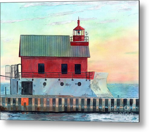 Lighthouse Metal Print featuring the painting Grand Haven Outer Light, Lighthouse Paintings, Lighthouse Prints, Lake Michigan by LeAnne Sowa