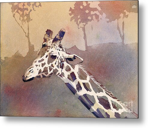 Fine Art Painting; Painting; Raleigh Artist; Raleigh Fine Artist; Ryan Fox; Ryan Fox Painter; Transparent Watercolor; Wall Art; Watercolor; Watercolor Painting; Watercolour; Watercolour Painting; Giraffe; Giraffe Art; Giraffe Painting; Giraffe Batik; Giraffe Watercolor; Original Watercolor;painting; North Carolina Zoo; Red; Orange; Yellow; Warm; Outdoors; Jungle; Savannah; Giraffe Metal Print featuring the painting Hanging Out- Giraffe by Ryan Fox