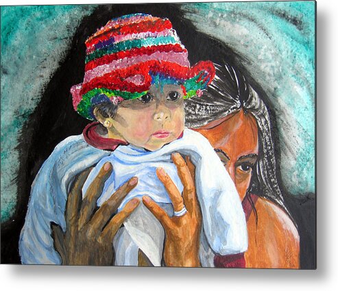 Red Crochet Hat Metal Print featuring the painting Hat of many colors by Sarah Hornsby